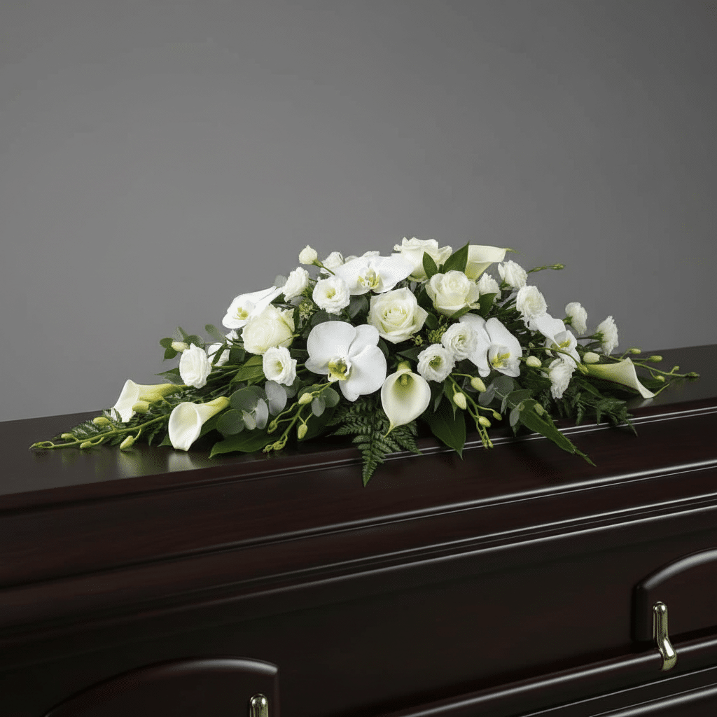 Een langwerpig rouwarrangement met witte bloemen en groene bladeren ligt op een donkere kist tegen een grijze achtergrond.