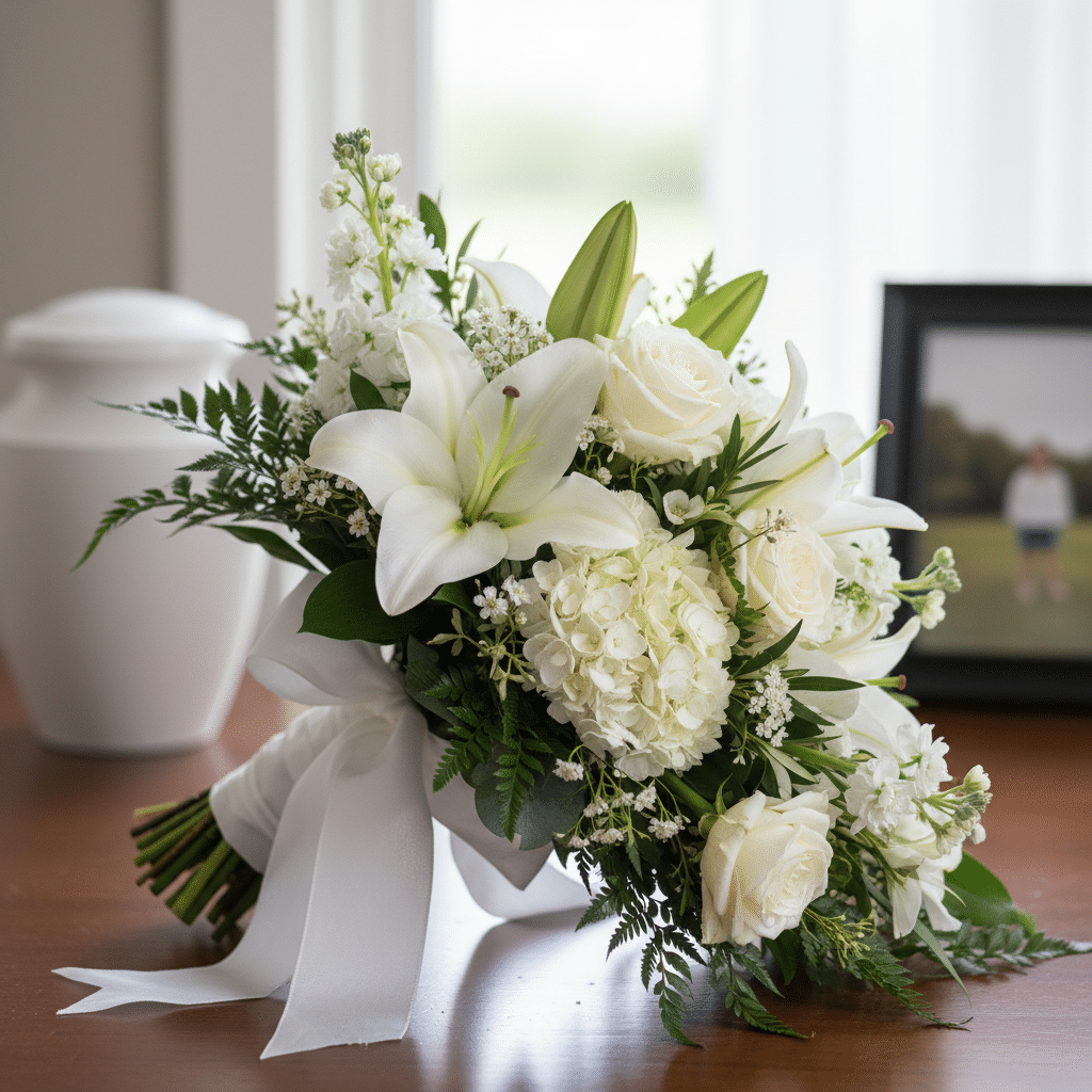 Een rouwboeket met witte bloemen en een witte strik ligt op een tafel, met op de achtergrond een witte urn en een ingelijste foto.